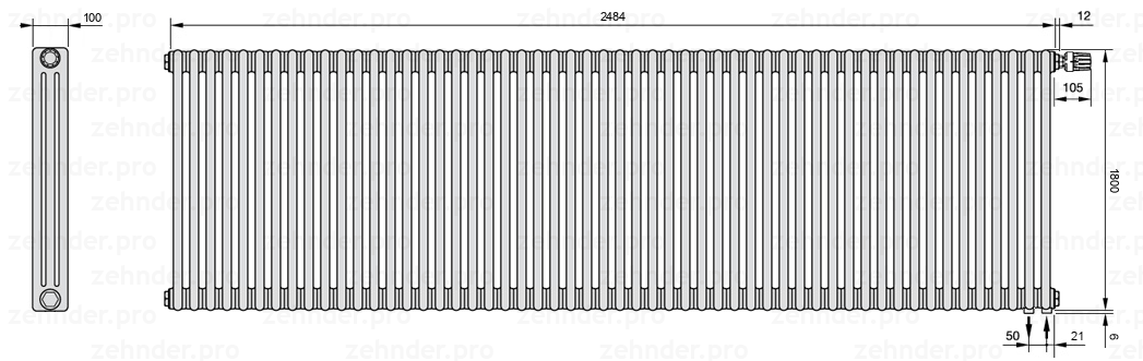 Схема (чертеж) Радиатор Zehnder Charleston 3180/54 №V002 Technoline TL